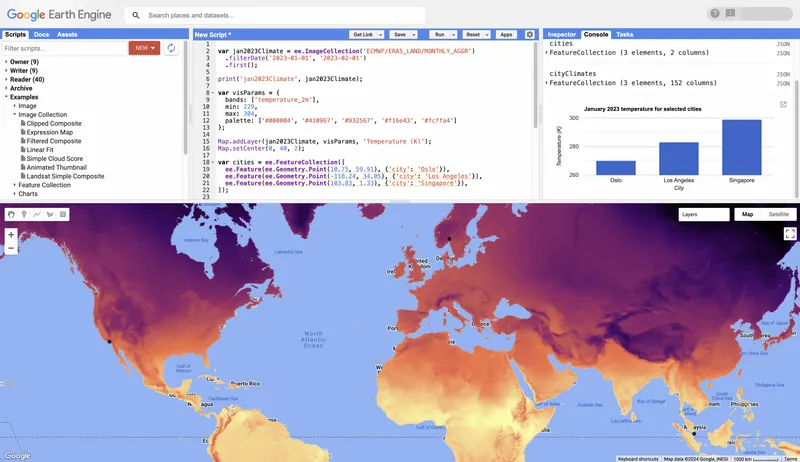 Earth Engine Code Editor quickstart showing global temperature map and a chart