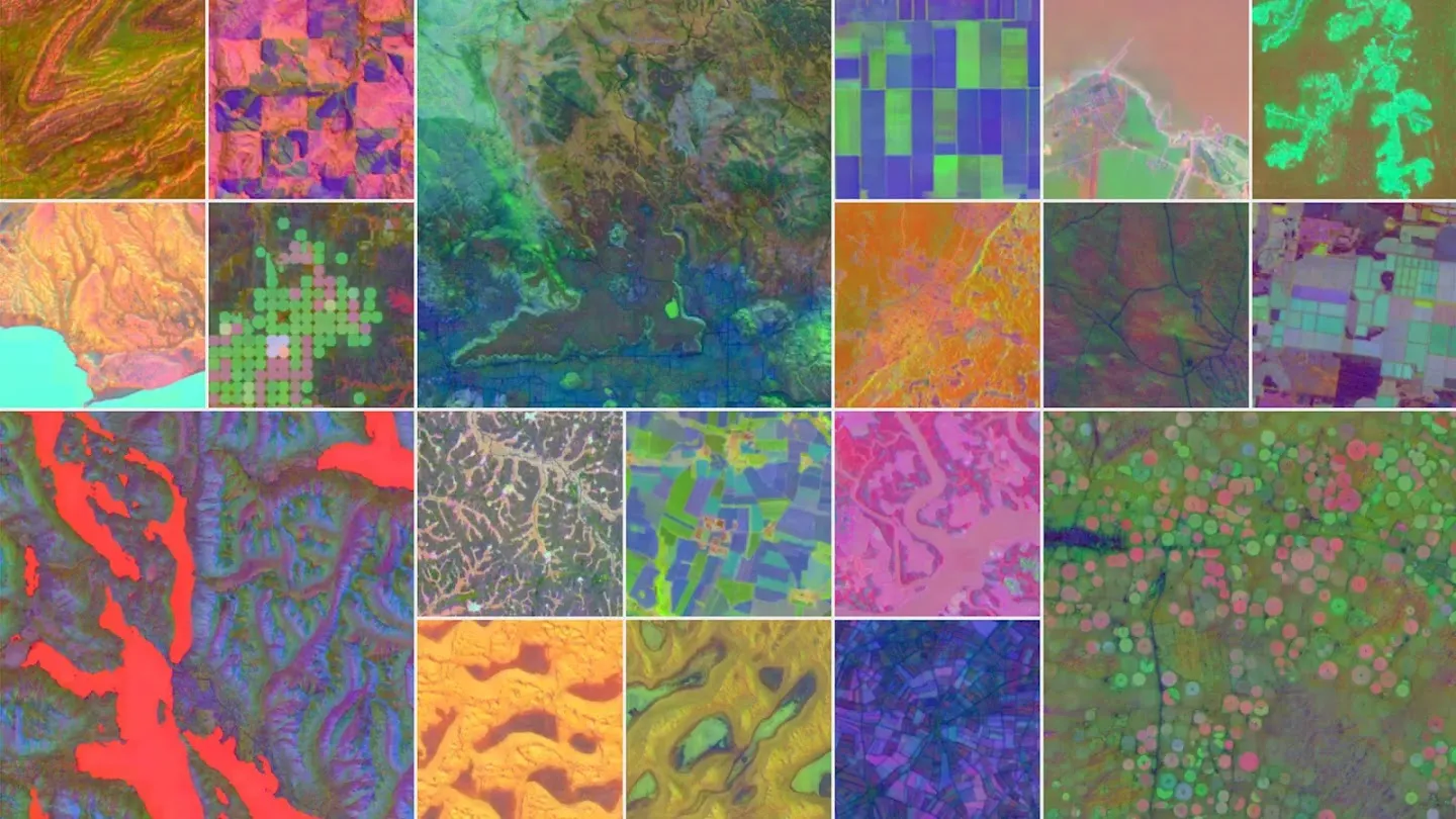 Google DeepMind AlphaEarth Foundations collage showing colourful satellite embedding visualisations of landscapes