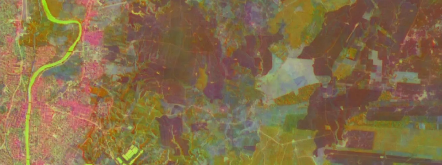 AlphaEarth Foundations satellite embedding RGB visualisation over a landscape