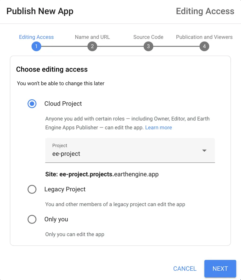 Earth Engine app publishing interface